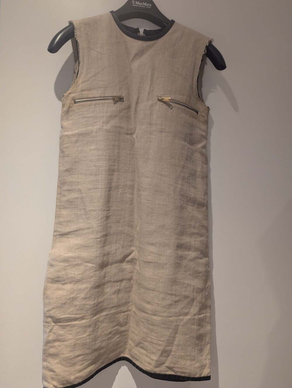 Céline Sleeveless Linen Shift Dress with Lambskin Leather Trim Size 34
